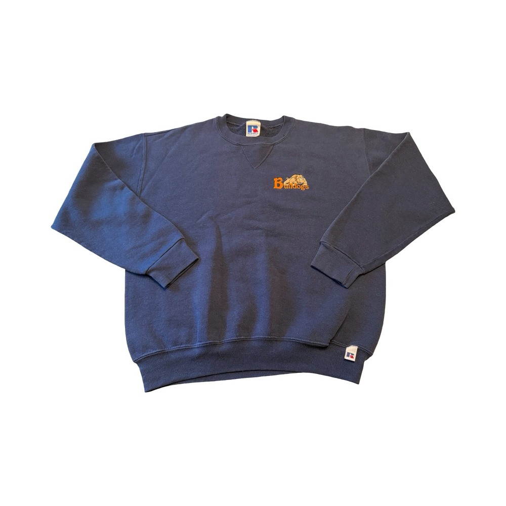 Vtg Russell Athletic Youth M Navy Blue Bulldogs Embroidered Crewneck Sweatshirt